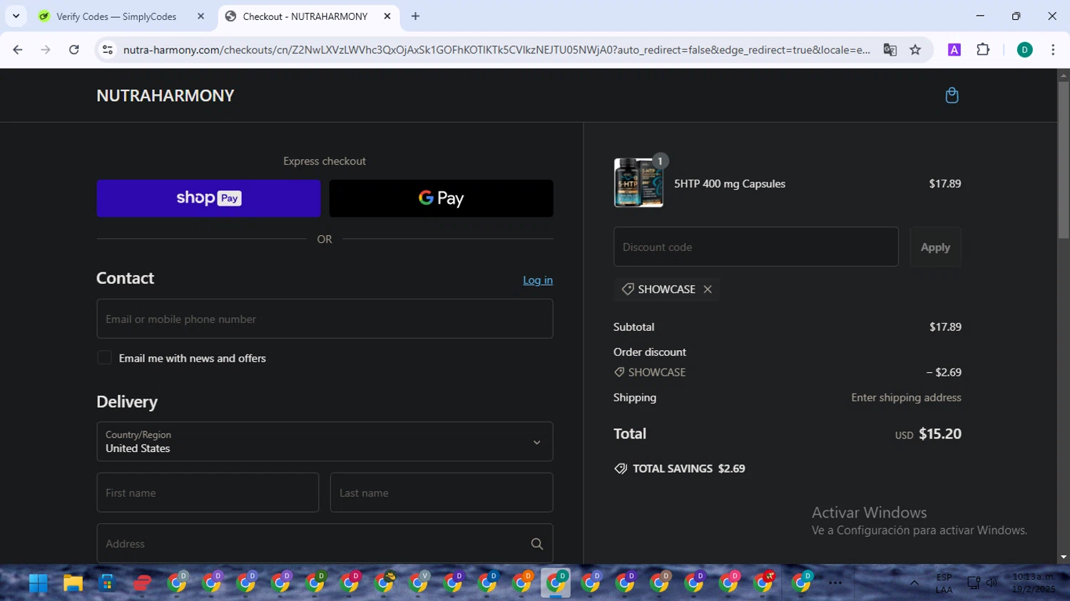 NutraHarmony promo code screenshot showing code SHOWCASE applied at NutraHarmony checkout page. Uploaded by SimplyCodes community member NobleSleuth2804 on Feb 19, 2025