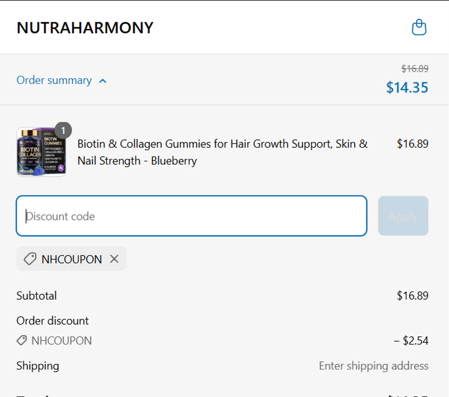 NutraHarmony promo code screenshot showing code nhcoupon applied at NutraHarmony checkout page. Uploaded by SimplyCodes community member SavingsPro6397 on Mar 20, 2025