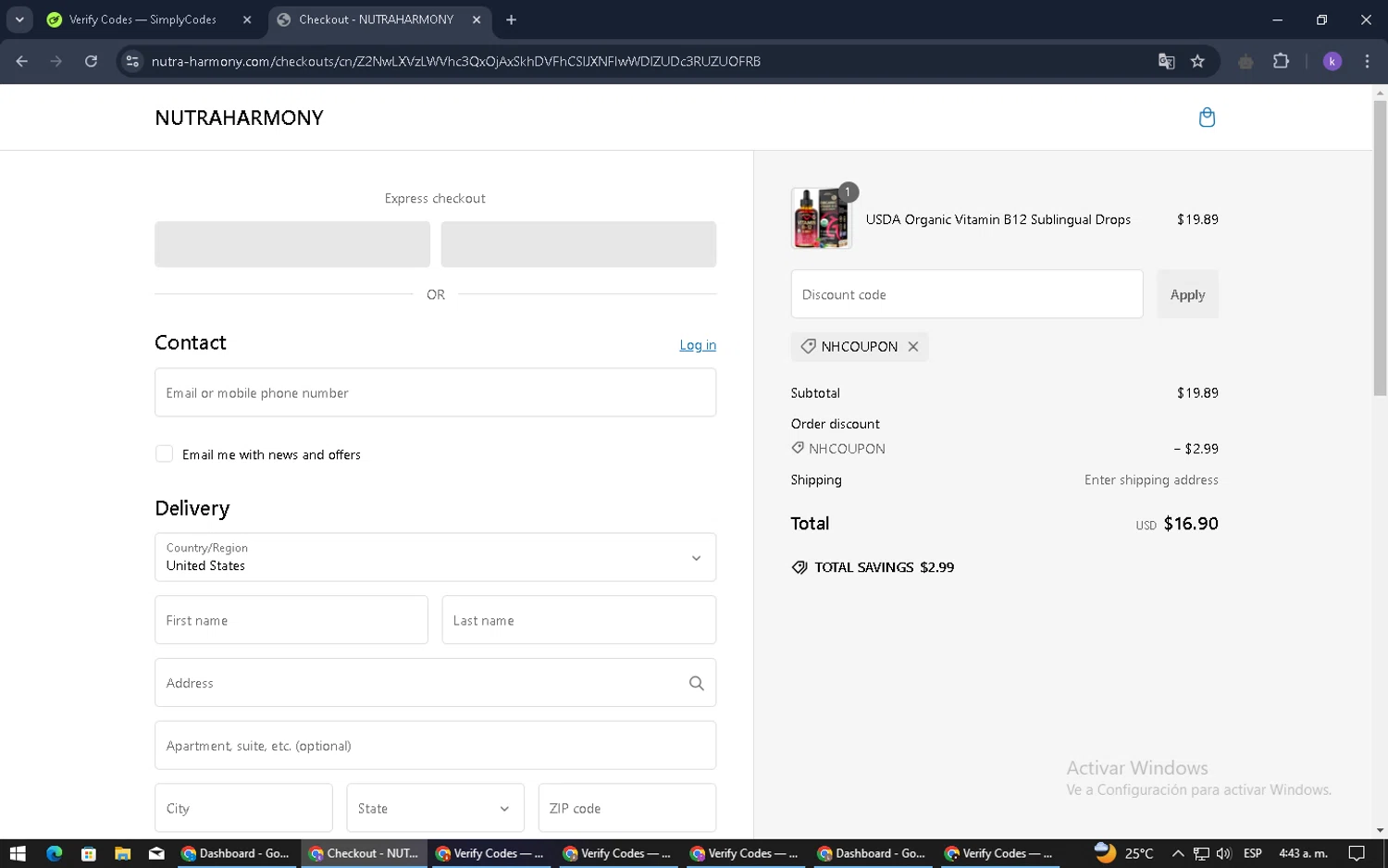NutraHarmony promo code screenshot showing code nhcoupon applied at NutraHarmony checkout page. Uploaded by SimplyCodes community member NobleGenius1697 on Jan 12, 2025