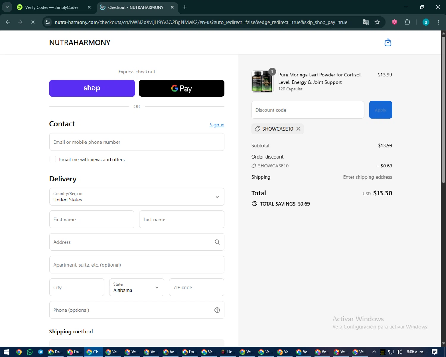 NutraHarmony promo code screenshot showing code showcase10 applied at NutraHarmony checkout page. Uploaded by SimplyCodes community member CodeMaverick5767 on Sep 10, 2025