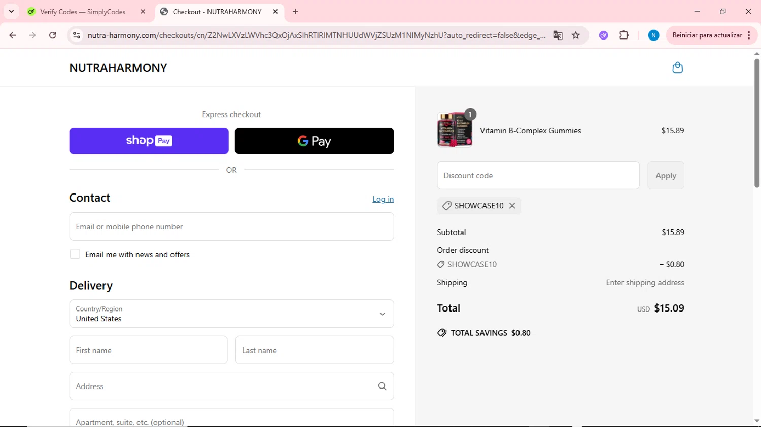 NutraHarmony promo code screenshot showing code showcase10 applied at NutraHarmony checkout page. Uploaded by SimplyCodes community member QuestOwl6398 on Jun 14, 2025