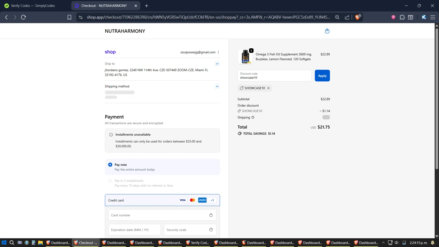 NutraHarmony promo code screenshot showing code showcase10 applied at NutraHarmony checkout page. Uploaded by SimplyCodes community member verifier_983798000 on Dec 2, 2025