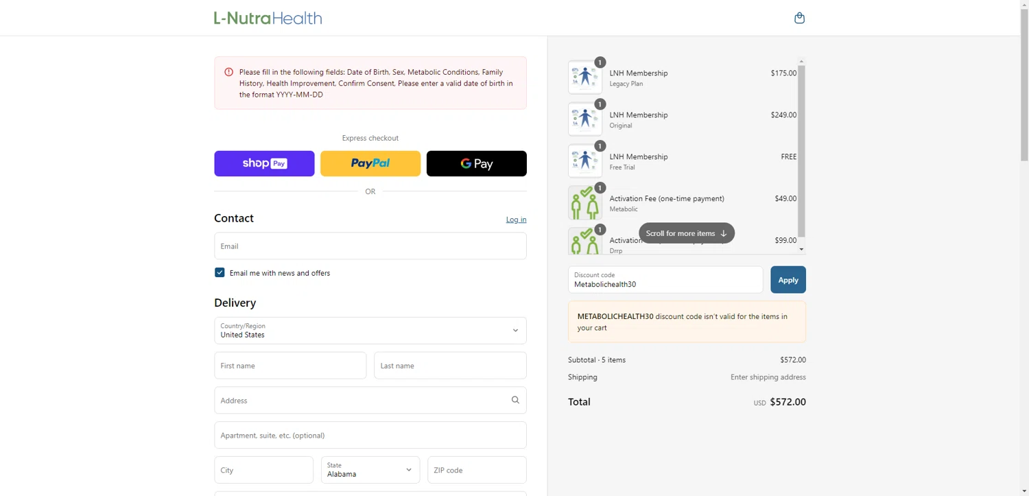 L-Nutra Health promo code screenshot showing code Metabolichealth30 applied at L-Nutra Health checkout page. Uploaded by SimplyCodes community member ValiantAce1810 on Jun 19, 2025