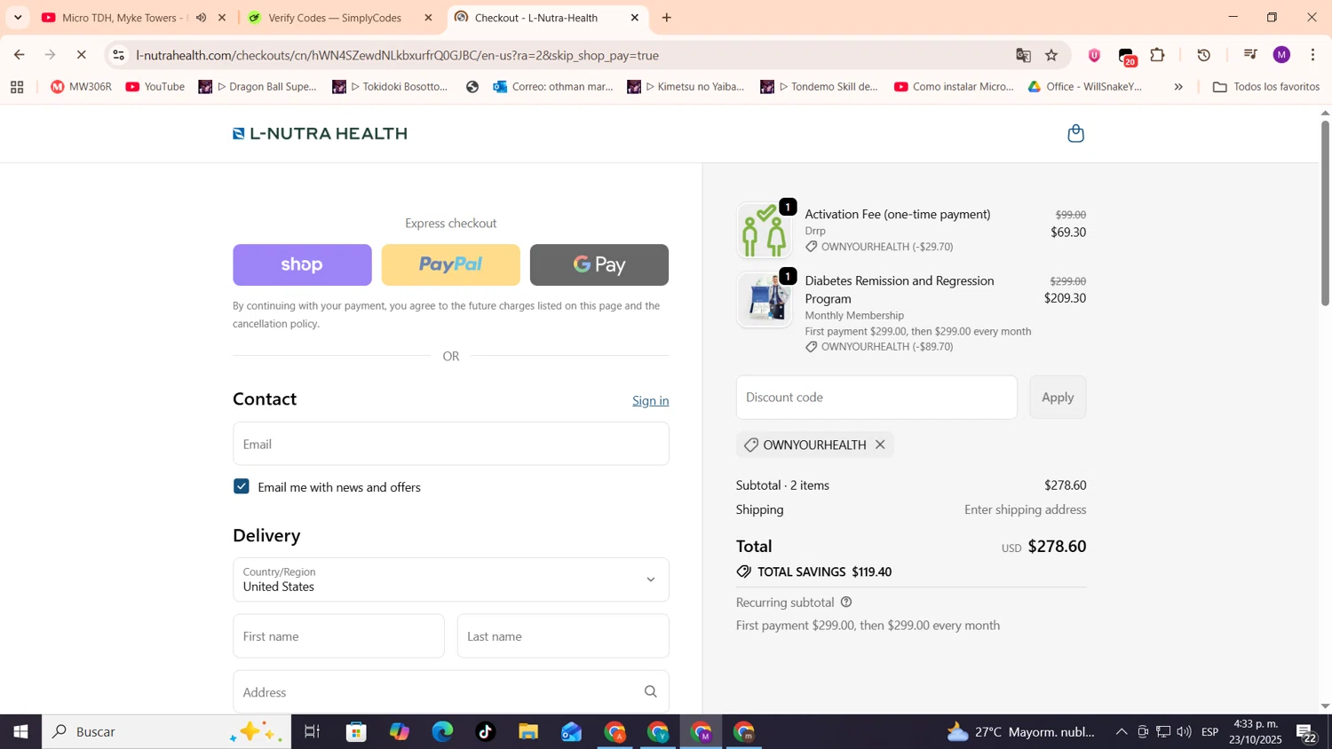 L-Nutra Health promo code screenshot showing code OWNYOURHEALTH applied at L-Nutra Health checkout page. Uploaded by SimplyCodes community member cod_gakpo on Oct 23, 2025