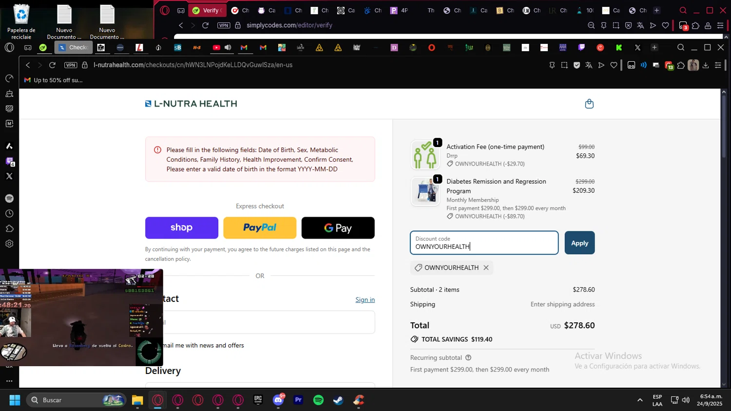 L-Nutra Health promo code screenshot showing code OWNYOURHEALTH applied at L-Nutra Health checkout page. Uploaded by SimplyCodes community member kurcovein on Sep 24, 2025
