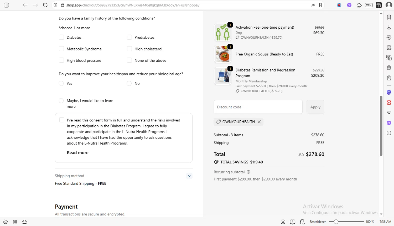 L-Nutra Health promo code screenshot showing code OWNYOURHEALTH applied at L-Nutra Health checkout page. Uploaded by SimplyCodes community member luissilva2 on Nov 21, 2025