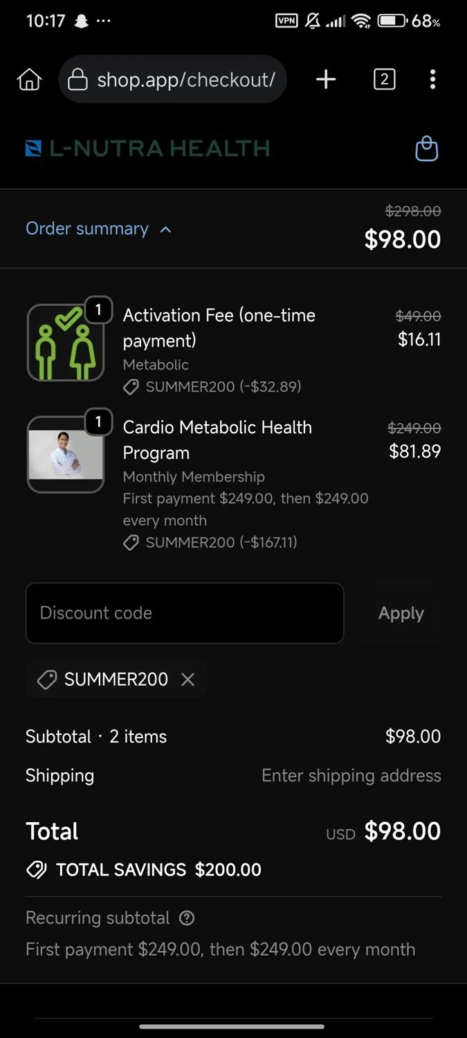 L-Nutra Health promo code screenshot showing code SUMMER200 applied at L-Nutra Health checkout page. Uploaded by SimplyCodes community member Diego_Soto on Sep 23, 2025