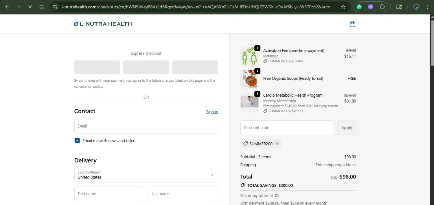 L-Nutra Health promo code screenshot showing code SUMMER200 applied at L-Nutra Health checkout page. Uploaded by SimplyCodes community member xAngel on Nov 20, 2025