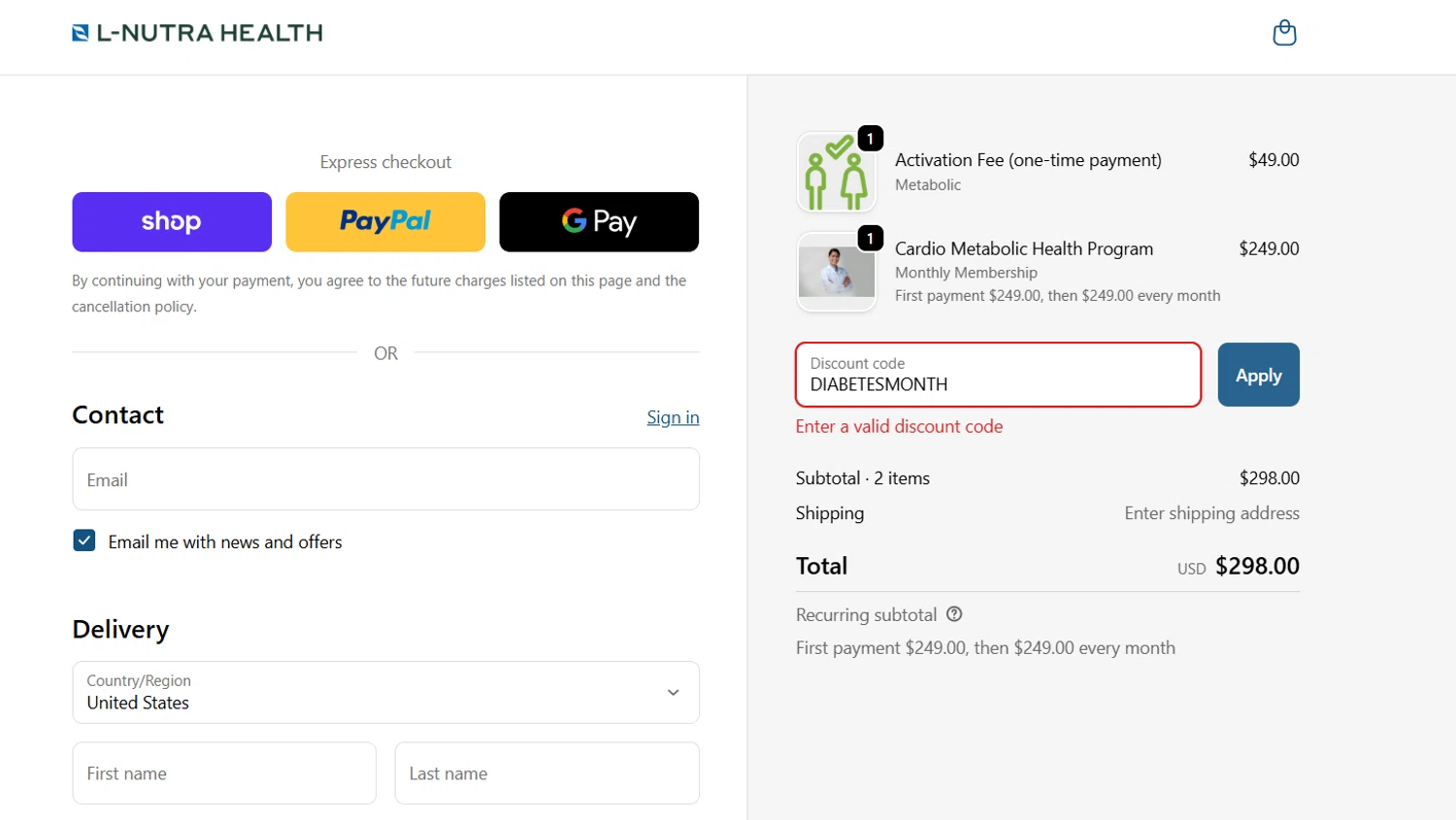 L-Nutra Health promo code screenshot showing code DIABETESMONTH applied at L-Nutra Health checkout page. Uploaded by SimplyCodes community member JasnibelEgu on Nov 4, 2025