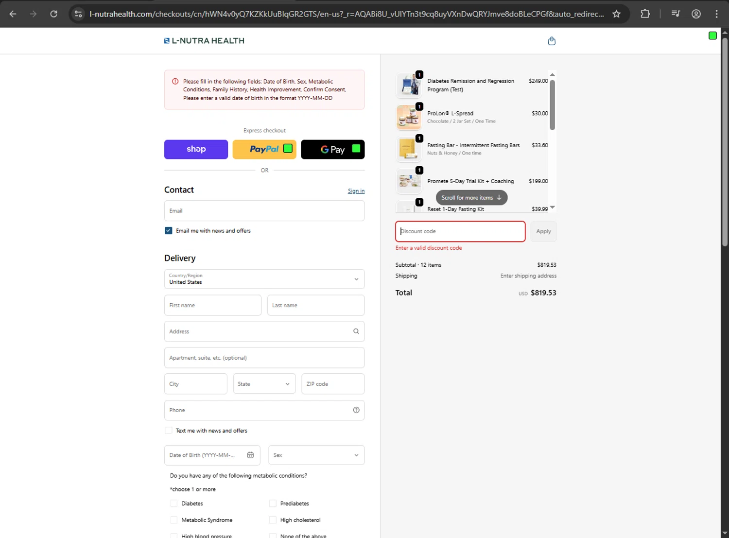 L-Nutra Health promo code screenshot showing code DIABETESMONTH applied at L-Nutra Health checkout page. Uploaded by SimplyCodes community member RayliMC on Nov 4, 2025