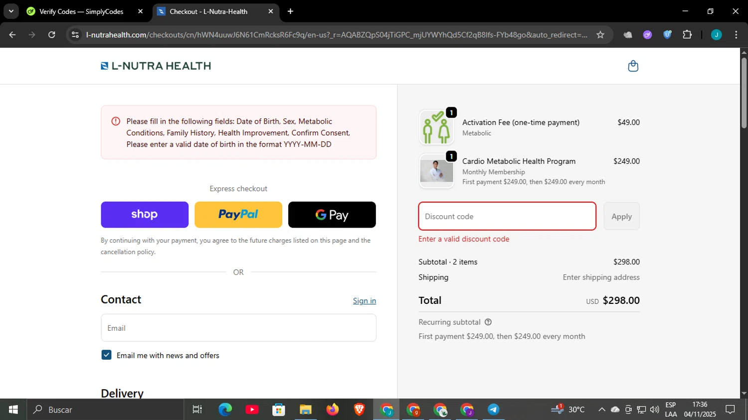 L-Nutra Health promo code screenshot showing code DIABETESMONTH applied at L-Nutra Health checkout page. Uploaded by SimplyCodes community member WonderCaptain6926 on Nov 4, 2025