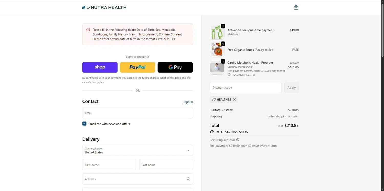 L-Nutra Health promo code screenshot showing code HEALTH35 applied at L-Nutra Health checkout page. Uploaded by SimplyCodes community member Depressive on Dec 2, 2025