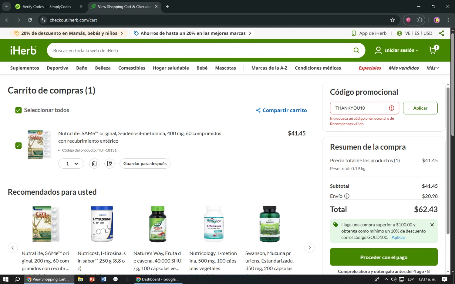 Nutralife Health Products promo code screenshot showing code THANKYOU10 applied at Nutralife Health Products checkout page. Uploaded by SimplyCodes community member TreasureShopper9156 on Jul 18, 2025