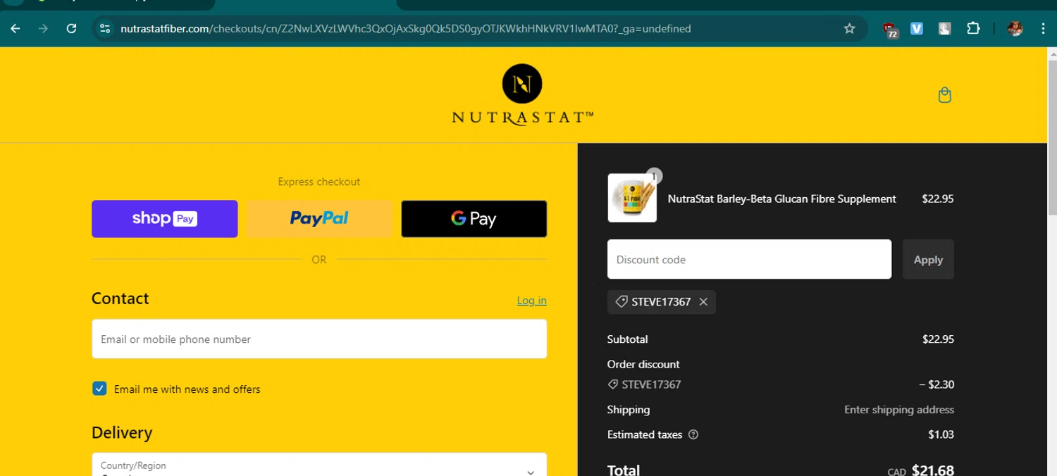 NutraStat discount code screenshot showing code STEVE17367 applied at NutraStat checkout page. Uploaded by SimplyCodes community member samuelgomez2 on Jan 9, 2025