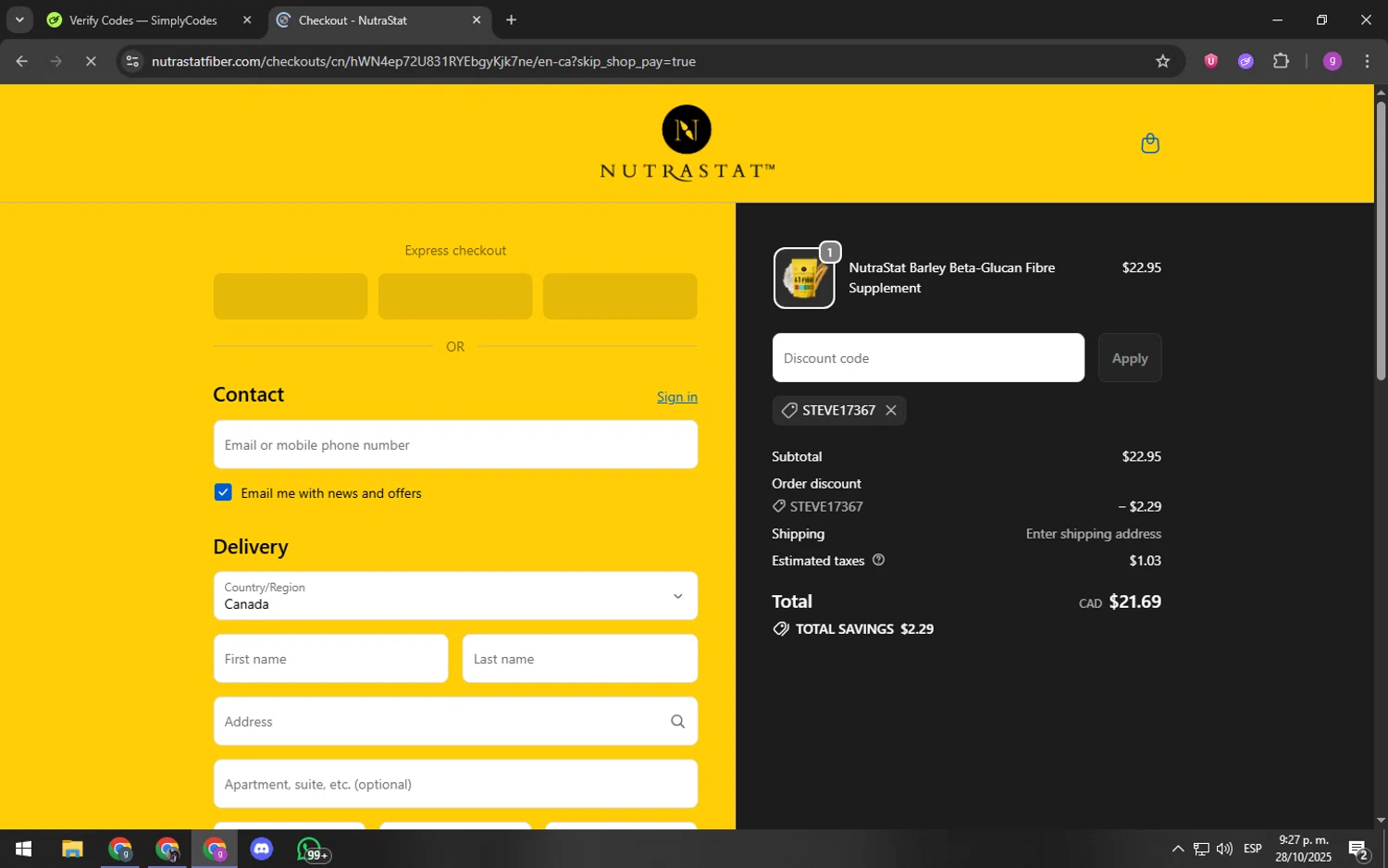 NutraStat discount code screenshot showing code STEVE17367 applied at NutraStat checkout page. Uploaded by SimplyCodes community member youngchecker on Oct 29, 2025
