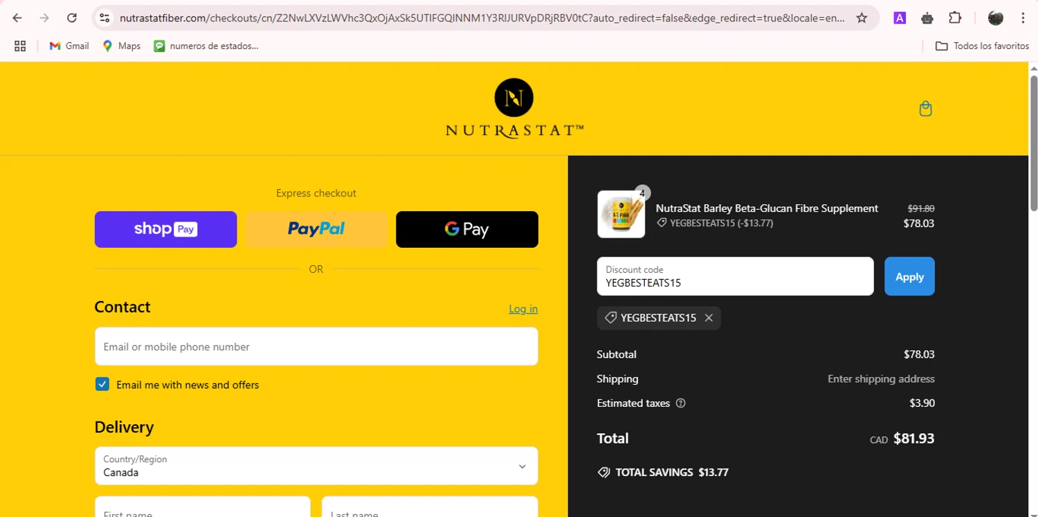 NutraStat discount code screenshot showing code YEGBESTEATS15 applied at NutraStat checkout page. Uploaded by SimplyCodes community member adrianvasquez1 on Mar 8, 2025
