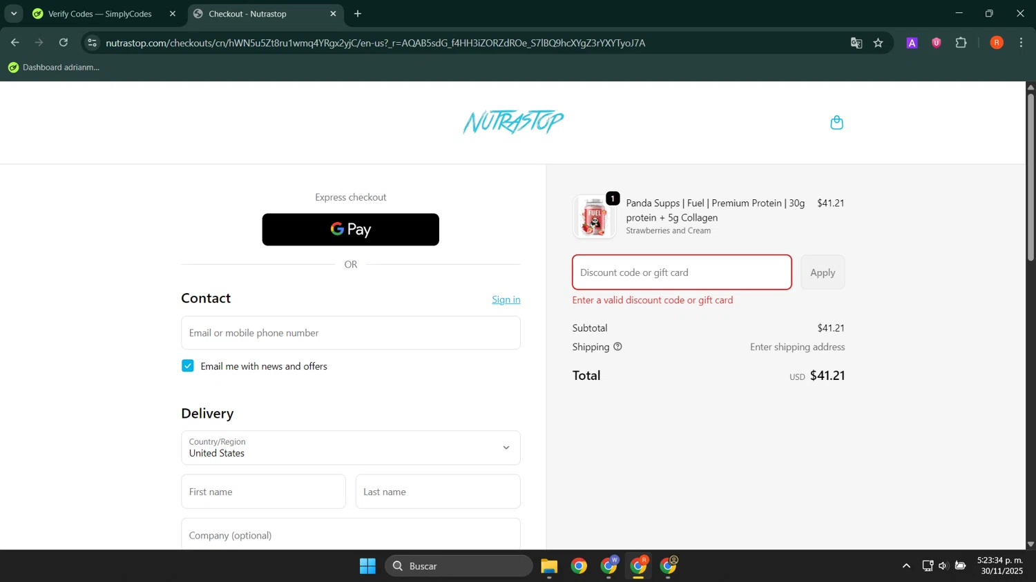 NutraStop discount code screenshot showing code MR20 applied at NutraStop checkout page. Uploaded by SimplyCodes community member LuckyShopper9694 on Nov 30, 2025