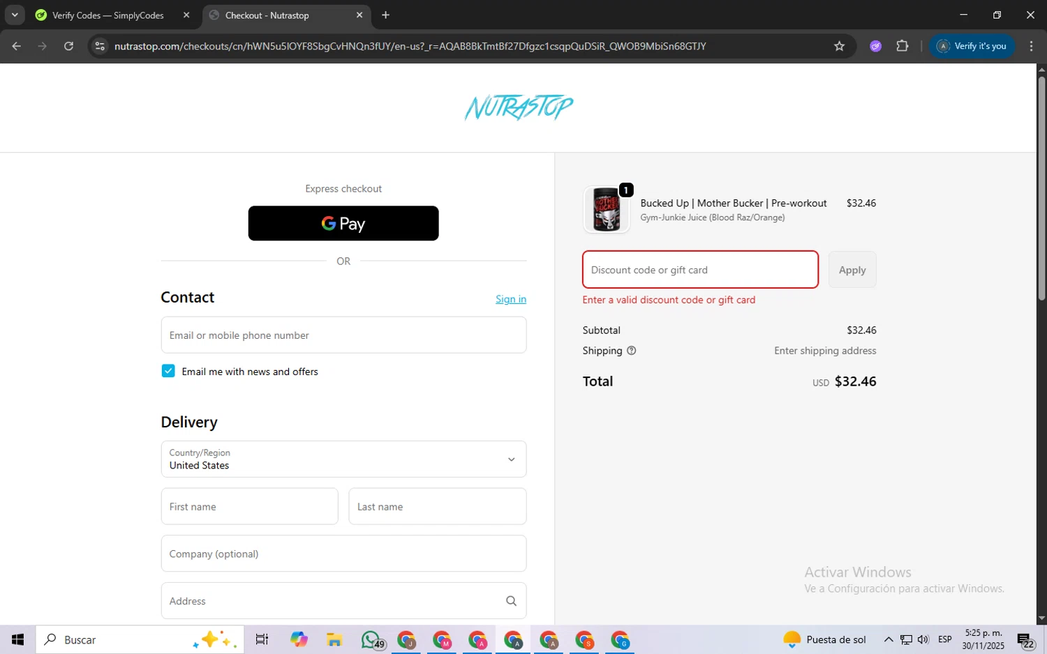 NutraStop discount code screenshot showing code MR20 applied at NutraStop checkout page. Uploaded by SimplyCodes community member ScanSpotter8851 on Nov 30, 2025