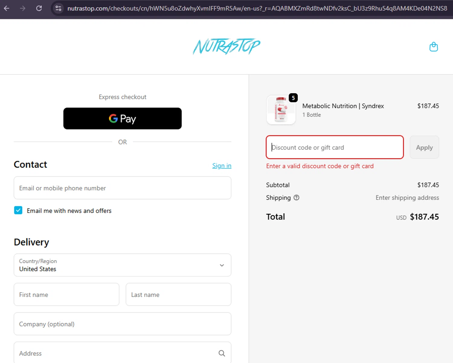 NutraStop discount code screenshot showing code America20 applied at NutraStop checkout page. Uploaded by SimplyCodes community member MoneySage8222 on Nov 30, 2025