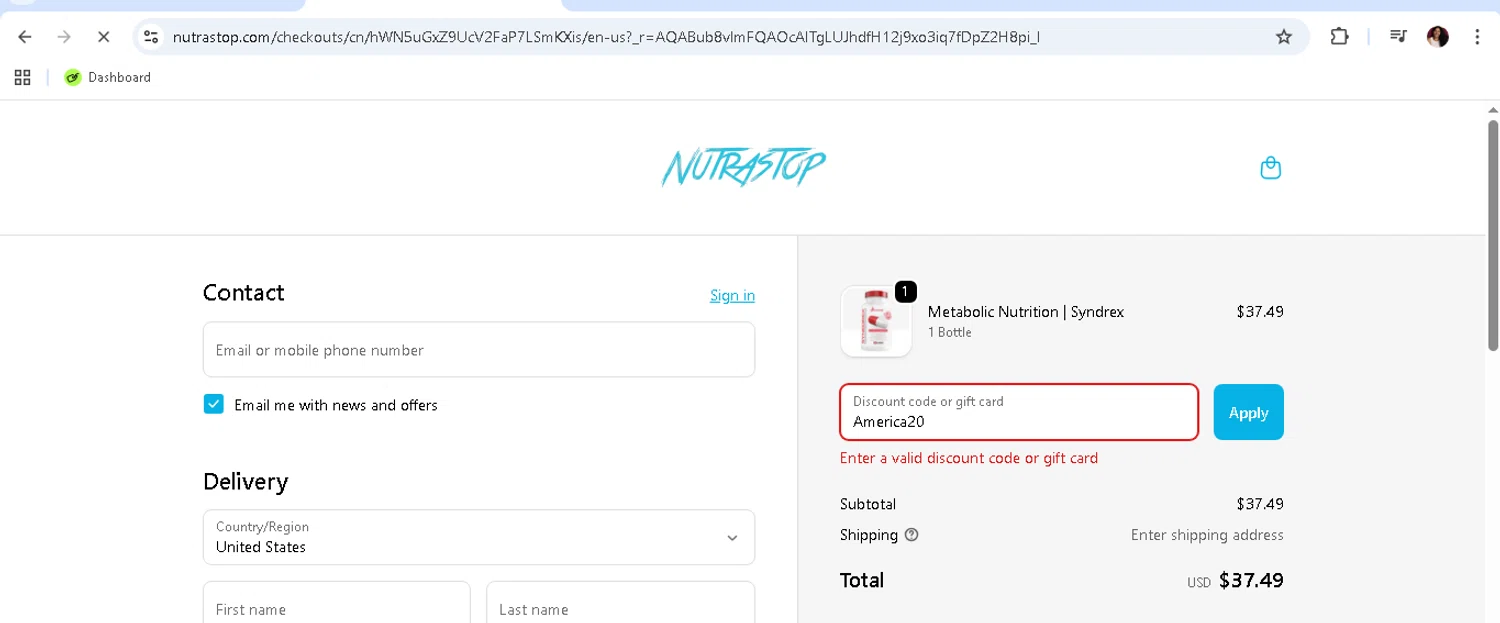 NutraStop discount code screenshot showing code America20 applied at NutraStop checkout page. Uploaded by SimplyCodes community member monicacaraballo on Nov 30, 2025