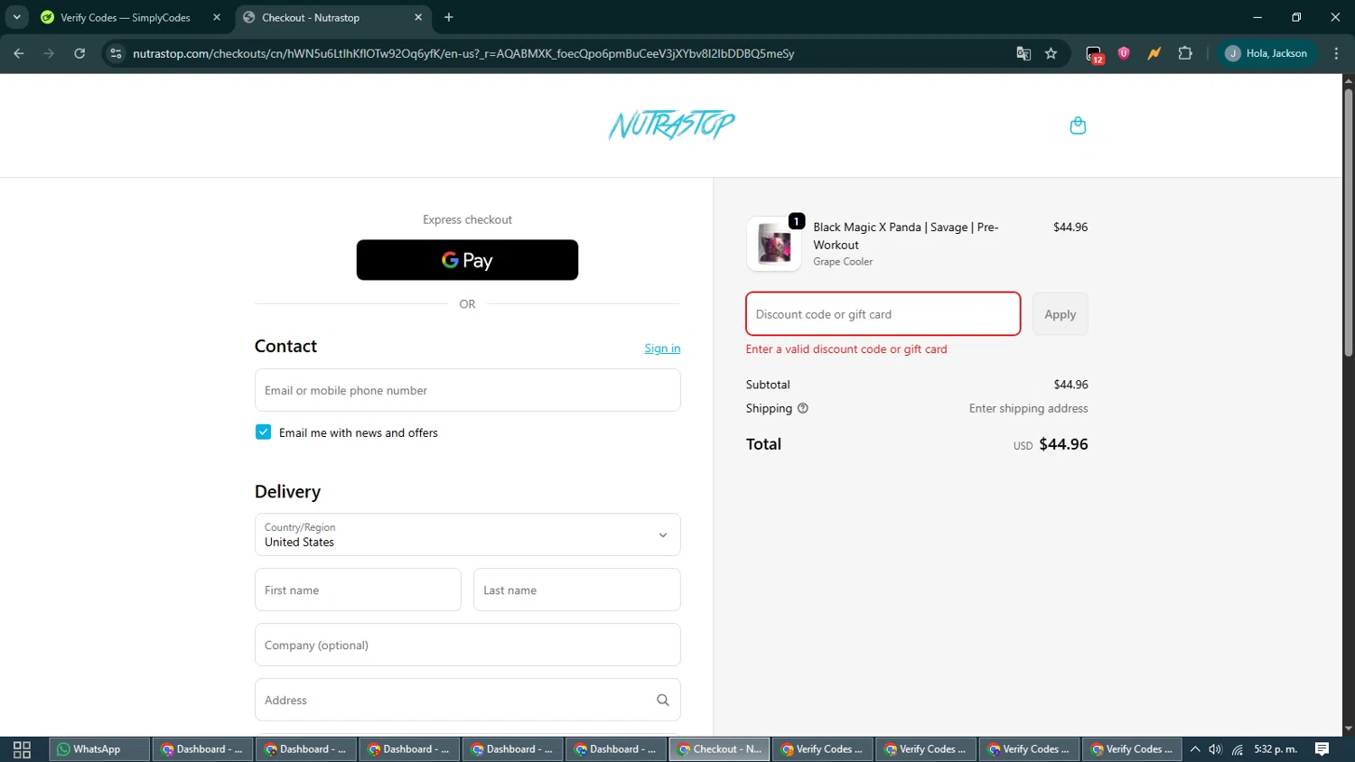 NutraStop discount code screenshot showing code MHW20 applied at NutraStop checkout page. Uploaded by SimplyCodes community member CashShopper1214 on Nov 30, 2025