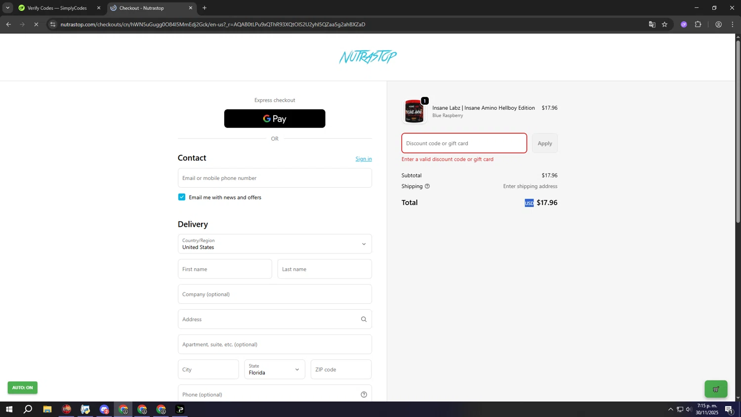 NutraStop discount code screenshot showing code MHW20 applied at NutraStop checkout page. Uploaded by SimplyCodes community member sssssssssssssssssss on Nov 30, 2025