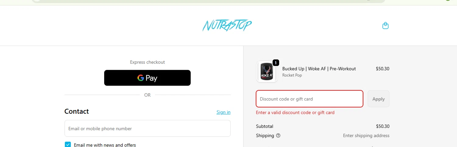 NutraStop discount code screenshot showing code Bucked20 applied at NutraStop checkout page. Uploaded by SimplyCodes community member Fish3r on Nov 25, 2025
