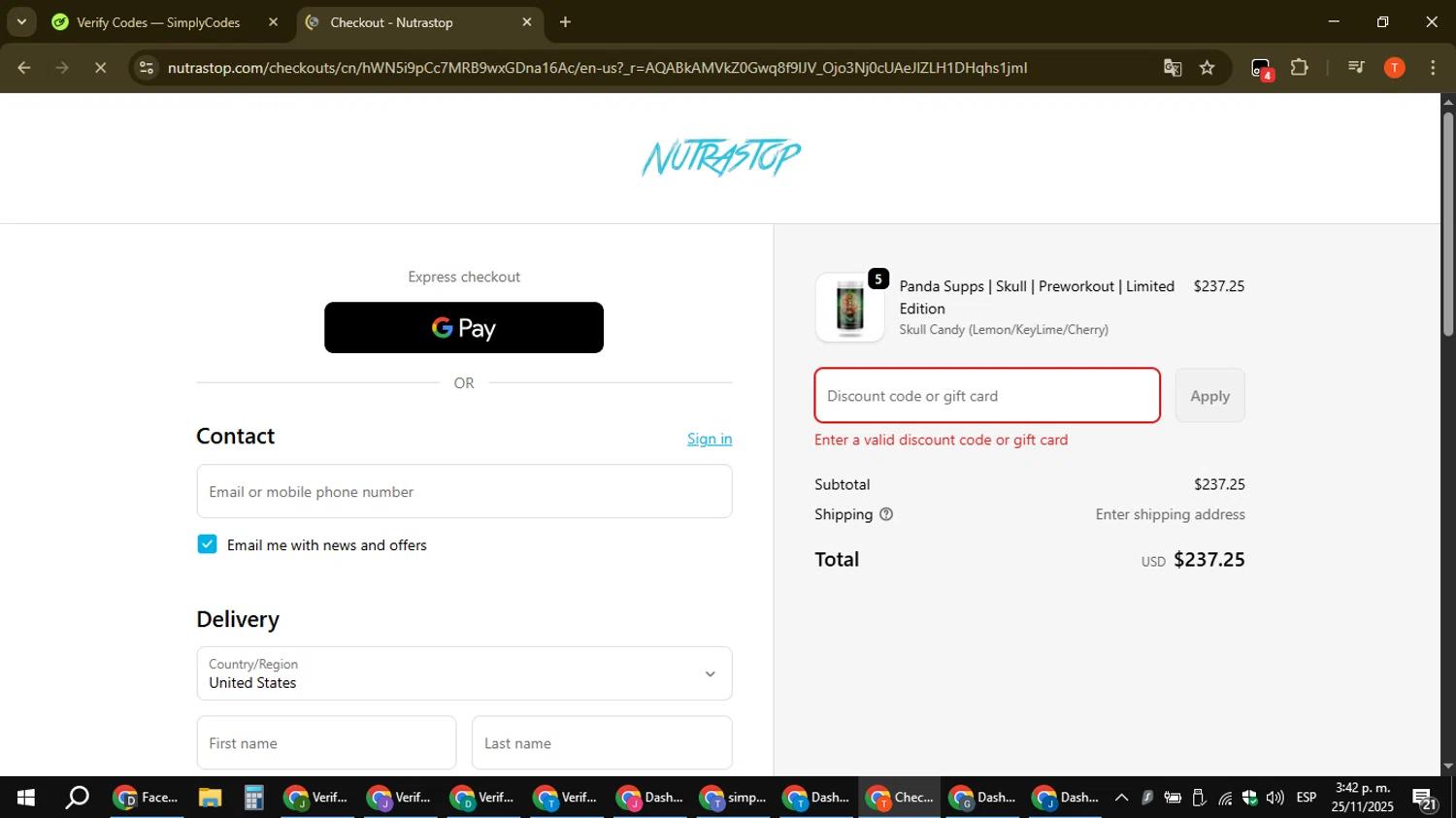 NutraStop discount code screenshot showing code Bucked20 applied at NutraStop checkout page. Uploaded by SimplyCodes community member ShrewdAce8338 on Nov 25, 2025