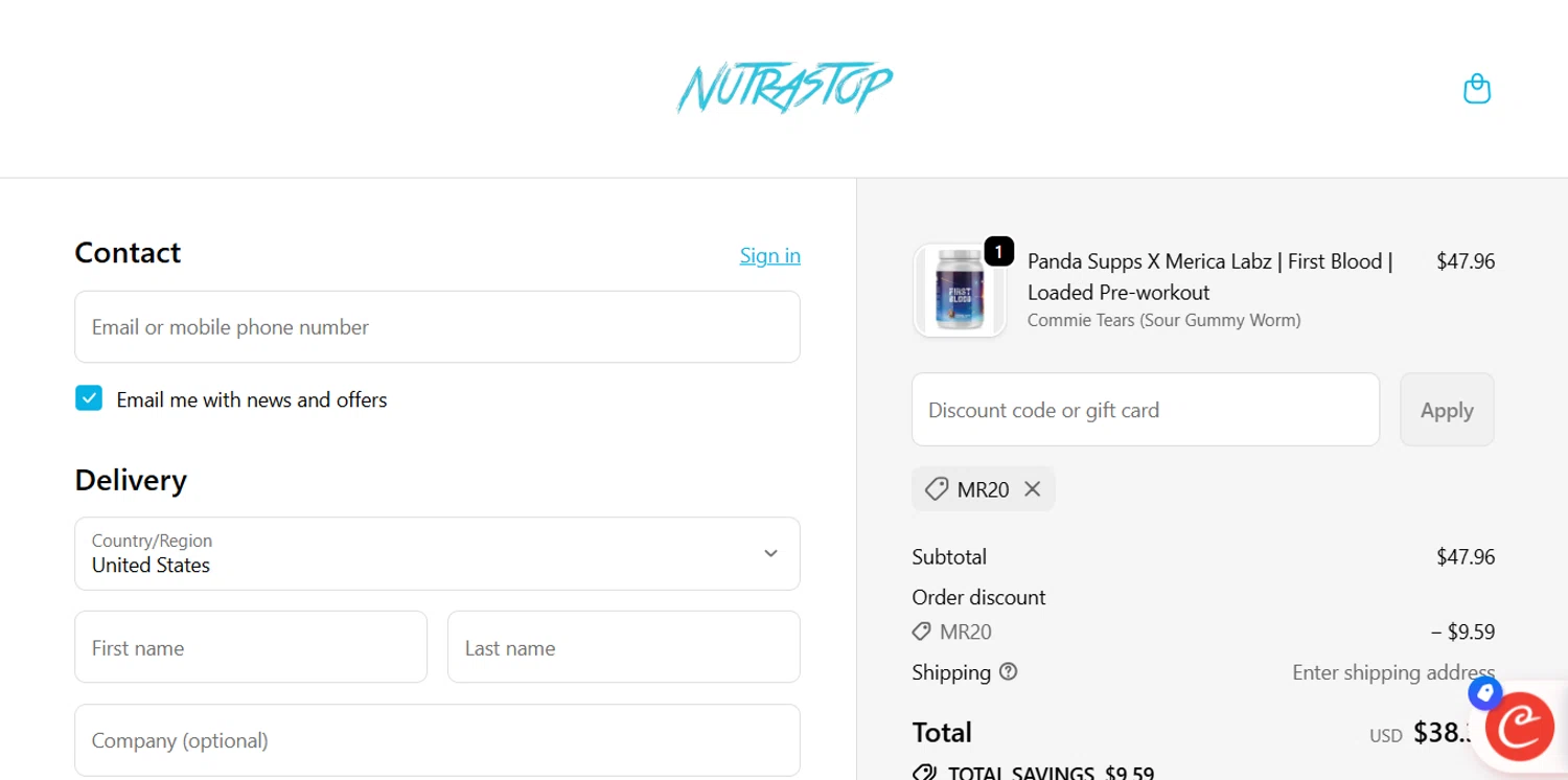 NutraStop discount code screenshot showing code MR20 applied at NutraStop checkout page. Uploaded by SimplyCodes community member ESTHER3121 on Oct 11, 2025