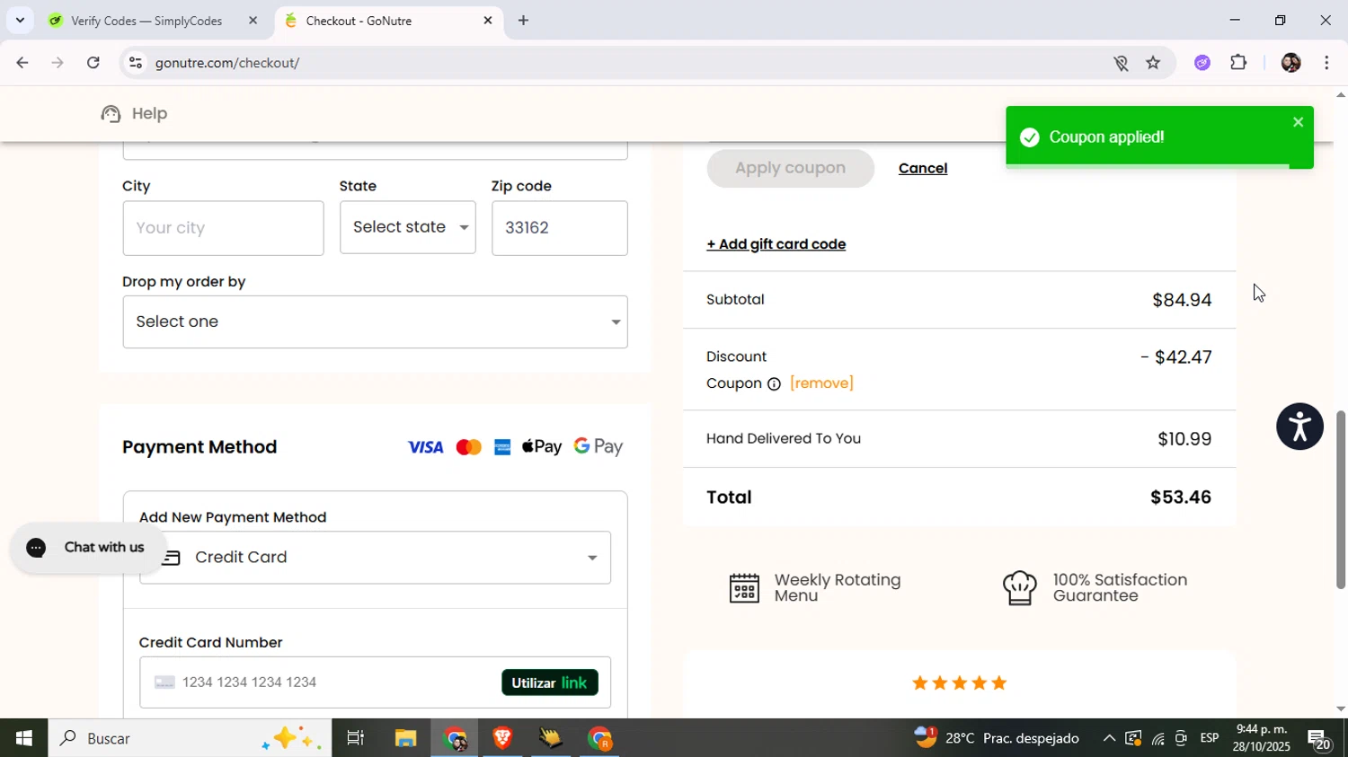 Nutre Meal Plan promo code screenshot showing code Nutrevip applied at Nutre Meal Plan checkout page. Uploaded by SimplyCodes community member Junniorduno on Oct 29, 2025