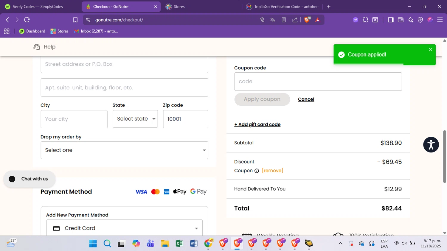 Nutre Meal Plan promo code screenshot showing code Nutrevip applied at Nutre Meal Plan checkout page. Uploaded by SimplyCodes community member antoooooooooooooo on Nov 19, 2025