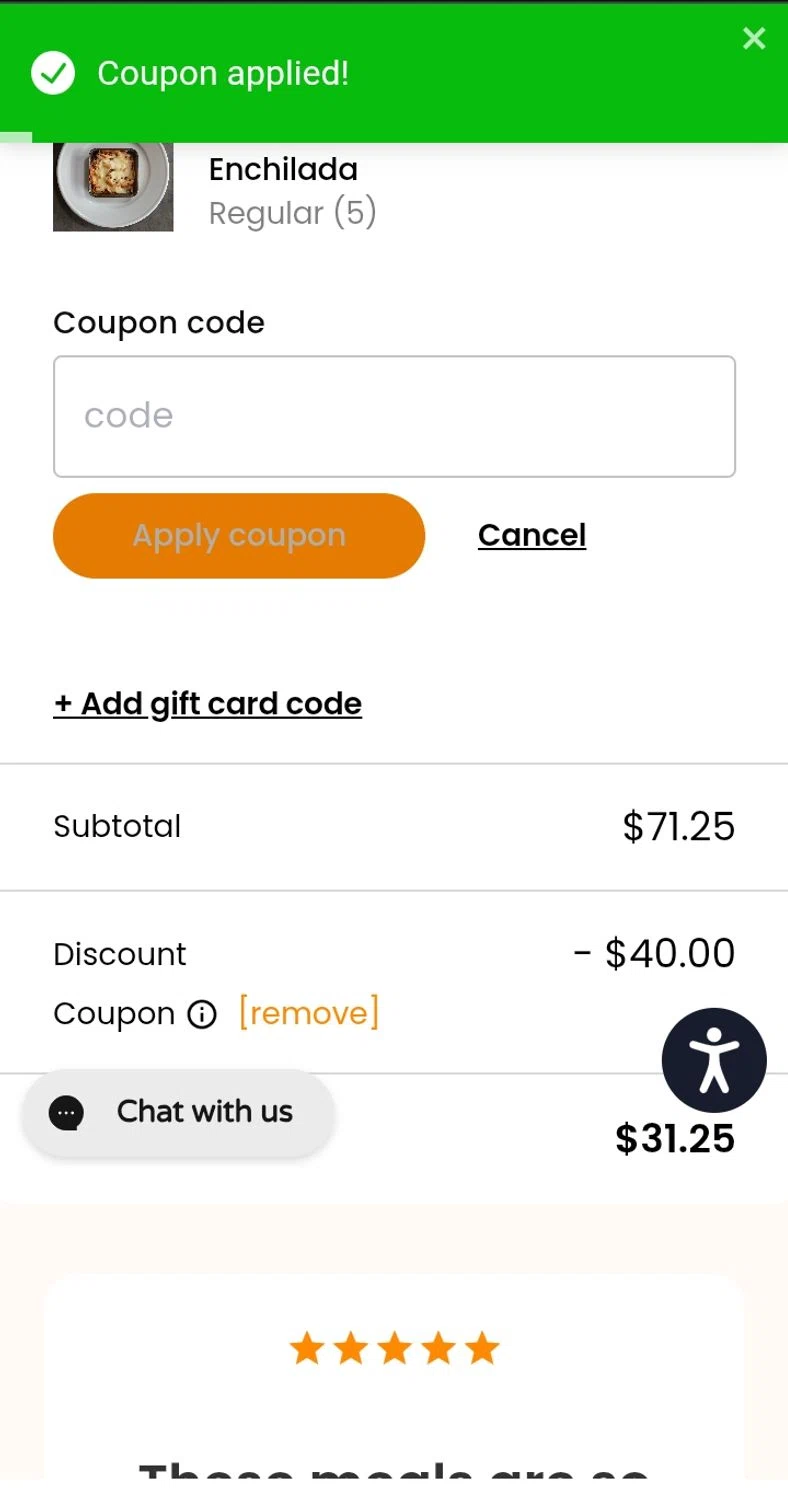 Nutre Meal Plan checkout page showing Nutre Meal Plan promo code box | Screenshot taken by SimplyCodes community member on Jan 20, 2026