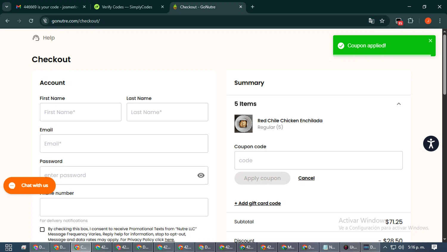 Nutre Meal Plan checkout page showing Nutre Meal Plan promo code box | Screenshot taken by SimplyCodes community member on Jan 26, 2026