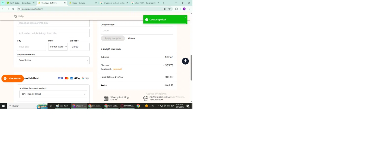 Nutre Meal Plan promo code screenshot showing code WILLFIT50 applied at Nutre Meal Plan checkout page. Uploaded by SimplyCodes community member YutakaH0shin0 on Aug 27, 2025
