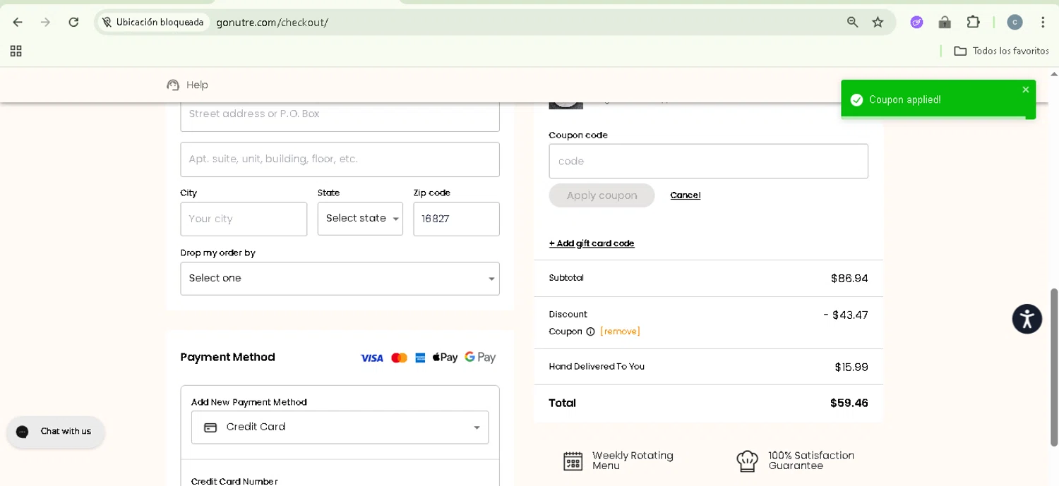 Nutre Meal Plan promo code screenshot showing code HEROESFITNESS applied at Nutre Meal Plan checkout page. Uploaded by SimplyCodes community member NobleSentinel8535 on Jul 27, 2025