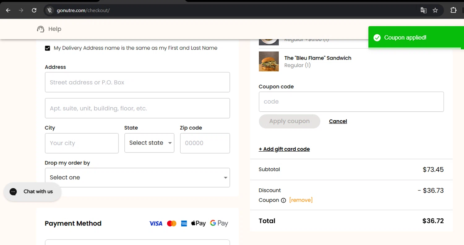 Nutre Meal Plan promo code screenshot showing code MELFROMHELL50 applied at Nutre Meal Plan checkout page. Uploaded by SimplyCodes community member RoyalSpotter5217 on Jul 19, 2025