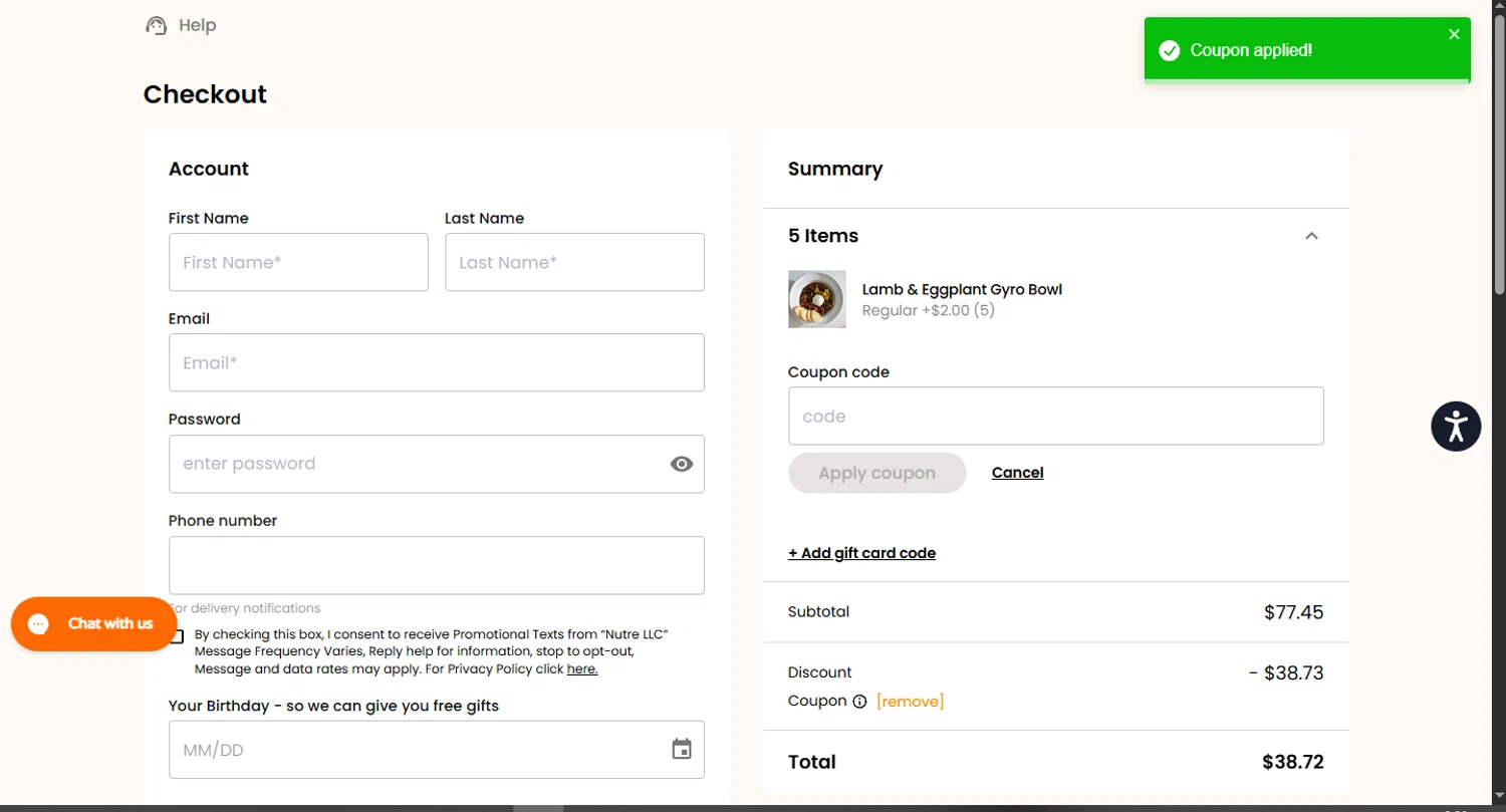Nutre Meal Plan promo code screenshot showing code JETFITNESS applied at Nutre Meal Plan checkout page. Uploaded by SimplyCodes community member CouponHero3179 on Oct 1, 2025