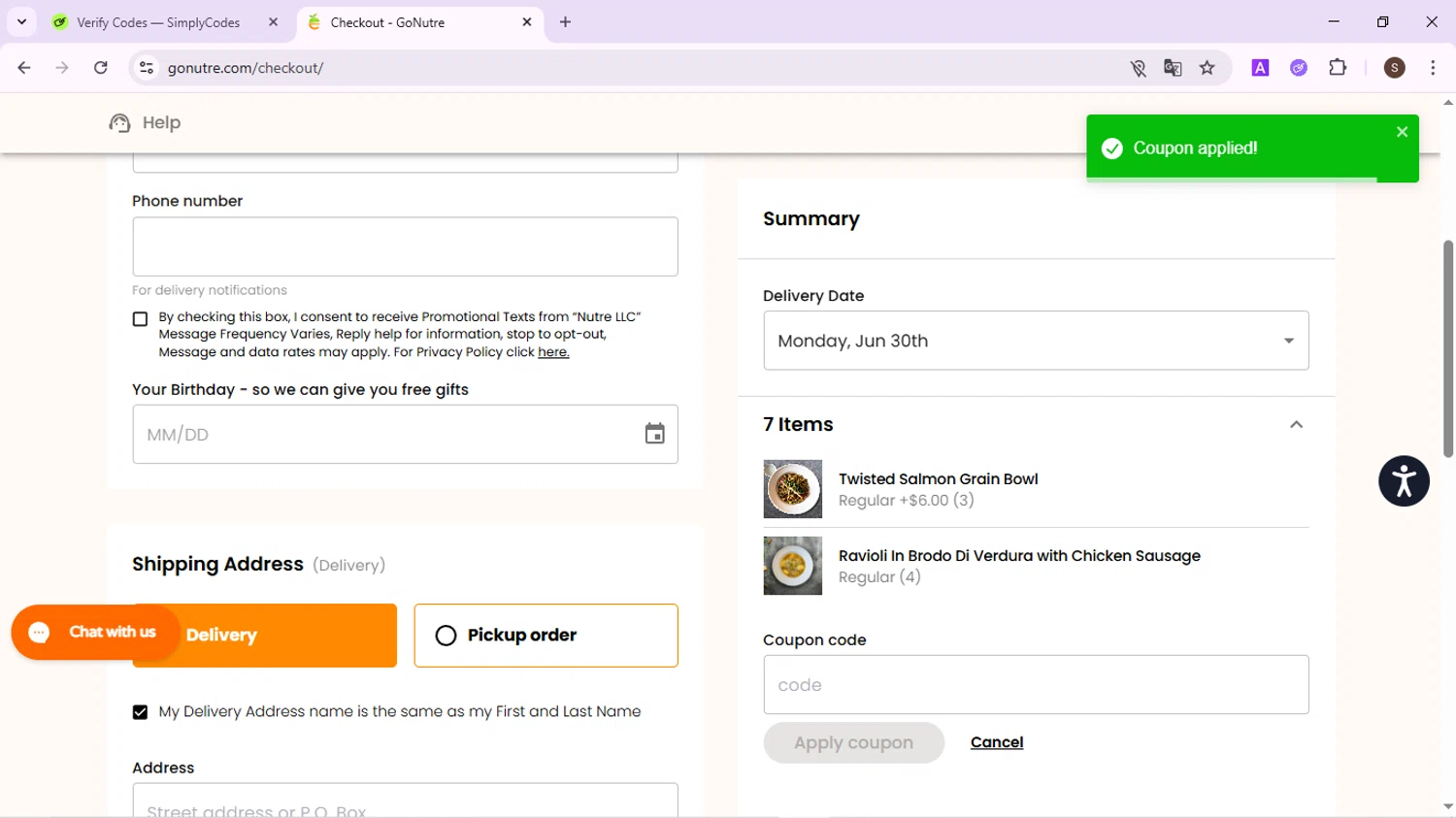 Nutre Meal Plan promo code screenshot showing code JETFITNESS applied at Nutre Meal Plan checkout page. Uploaded by SimplyCodes community member QuestPhoenix2794 on Jun 20, 2025