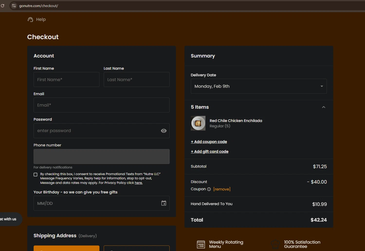 Nutre Meal Plan checkout page showing Nutre Meal Plan promo code box | Screenshot taken by SimplyCodes community member on Jan 30, 2026