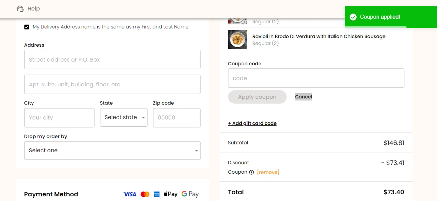 Nutre Meal Plan promo code screenshot showing code WILLFIT50 applied at Nutre Meal Plan checkout page. Uploaded by SimplyCodes community member RonaldAcunaJr on Apr 23, 2025