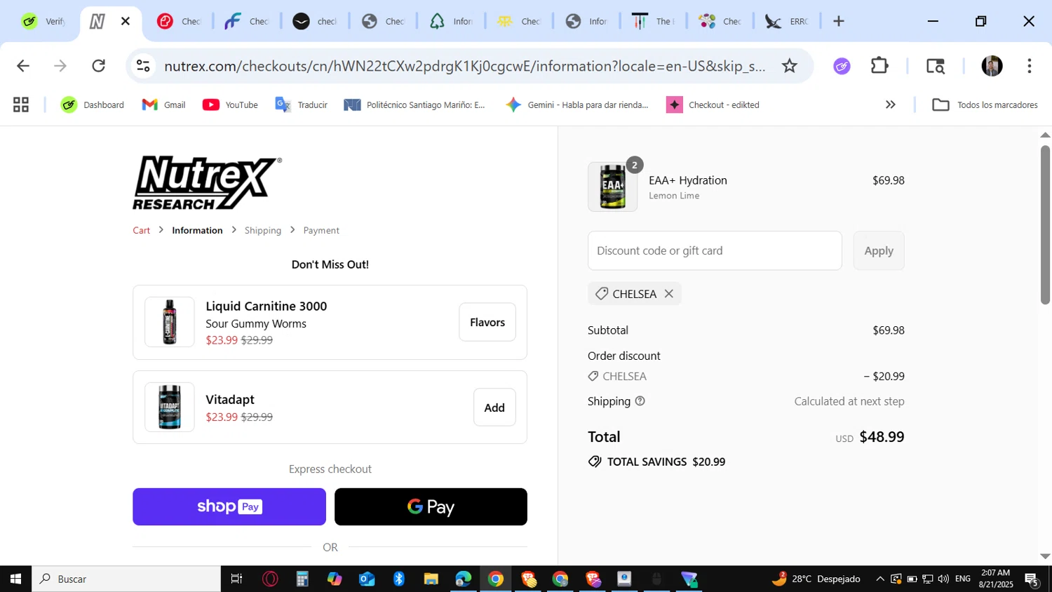 Nutrex Research coupon code screenshot showing code CHELSEA applied at Nutrex Research checkout page. Uploaded by SimplyCodes community member KataldoMustafack on Aug 21, 2025