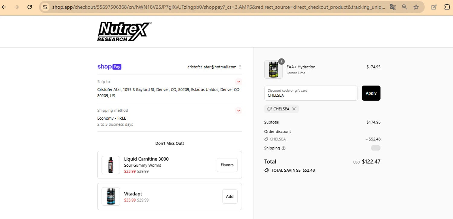 Nutrex Research coupon code screenshot showing code CHELSEA applied at Nutrex Research checkout page. Uploaded by SimplyCodes community member ManuelF on Jul 28, 2025