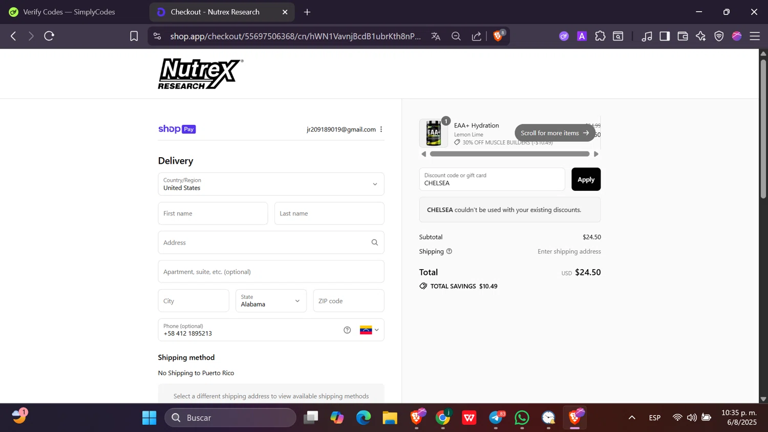 Nutrex Research coupon code screenshot showing code CHELSEA applied at Nutrex Research checkout page. Uploaded by SimplyCodes community member Toji_fushiguro on Aug 7, 2025