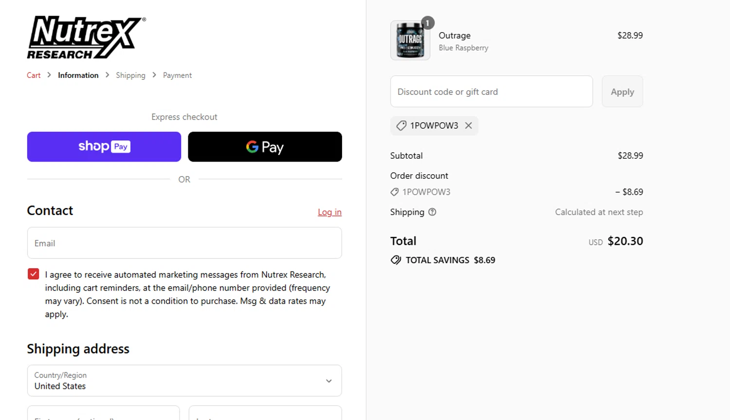 Nutrex Research coupon code screenshot showing code 1POWPOW3 applied at Nutrex Research checkout page. Uploaded by SimplyCodes community member Dejadepicharme on Aug 26, 2025