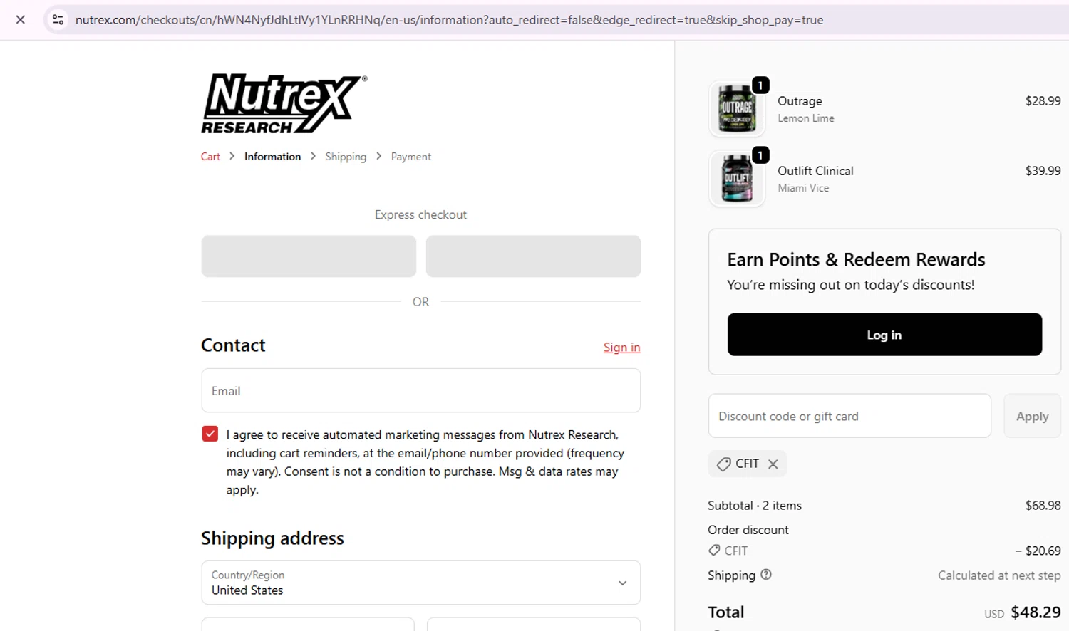 Nutrex Research coupon code screenshot showing code CFIT applied at Nutrex Research checkout page. Uploaded by SimplyCodes community member Samu10 on Oct 21, 2025