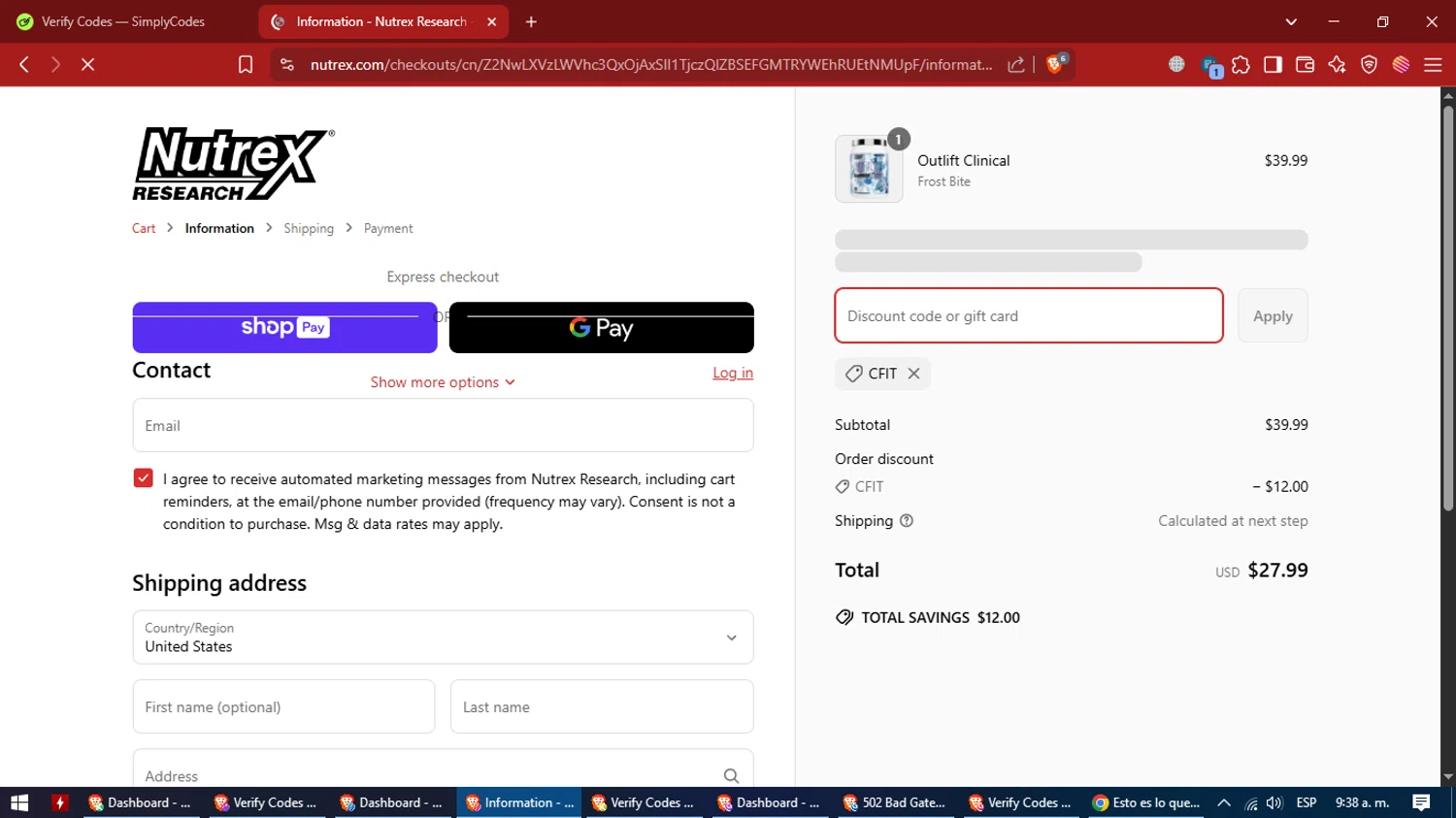 Nutrex Research coupon code screenshot showing code CFIT applied at Nutrex Research checkout page. Uploaded by SimplyCodes community member VictoriousCaptain7627 on Apr 6, 2025