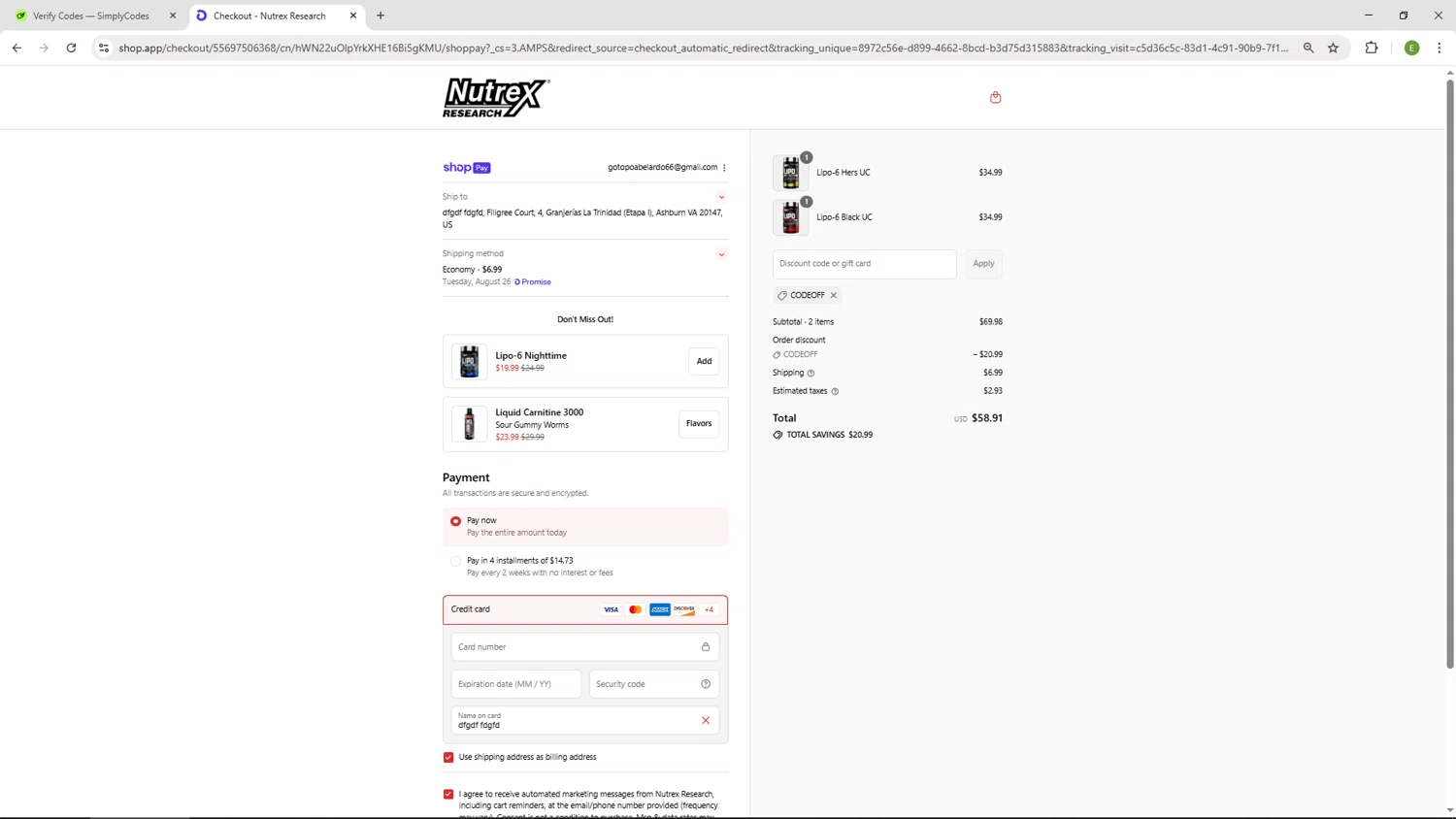 Nutrex Research coupon code screenshot showing code codeoff applied at Nutrex Research checkout page. Uploaded by SimplyCodes community member SUZUKIV on Aug 21, 2025