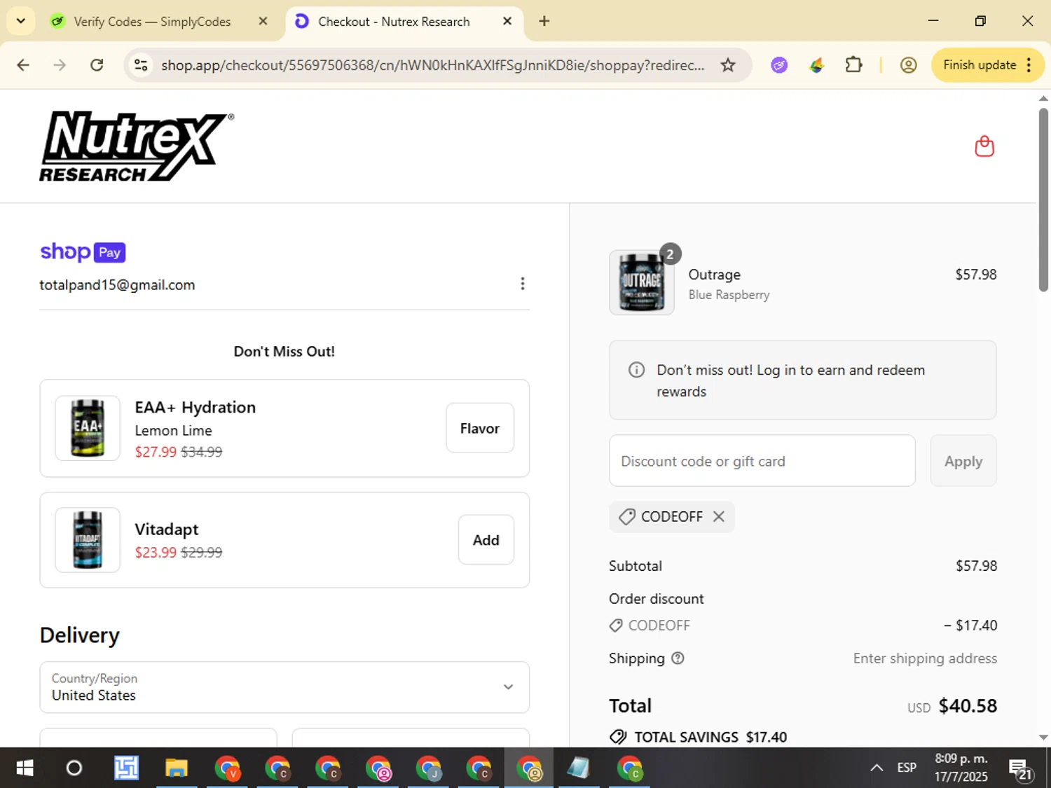 Nutrex Research coupon code screenshot showing code codeoff applied at Nutrex Research checkout page. Uploaded by SimplyCodes community member VictorL on Jul 18, 2025