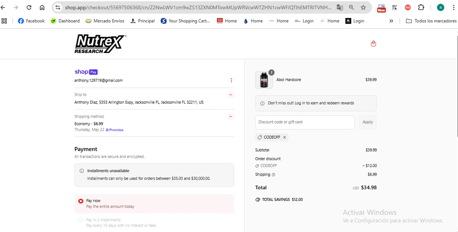 Nutrex Research coupon code screenshot showing code codeoff applied at Nutrex Research checkout page. Uploaded by SimplyCodes community member anthonydiaz1 on May 17, 2025