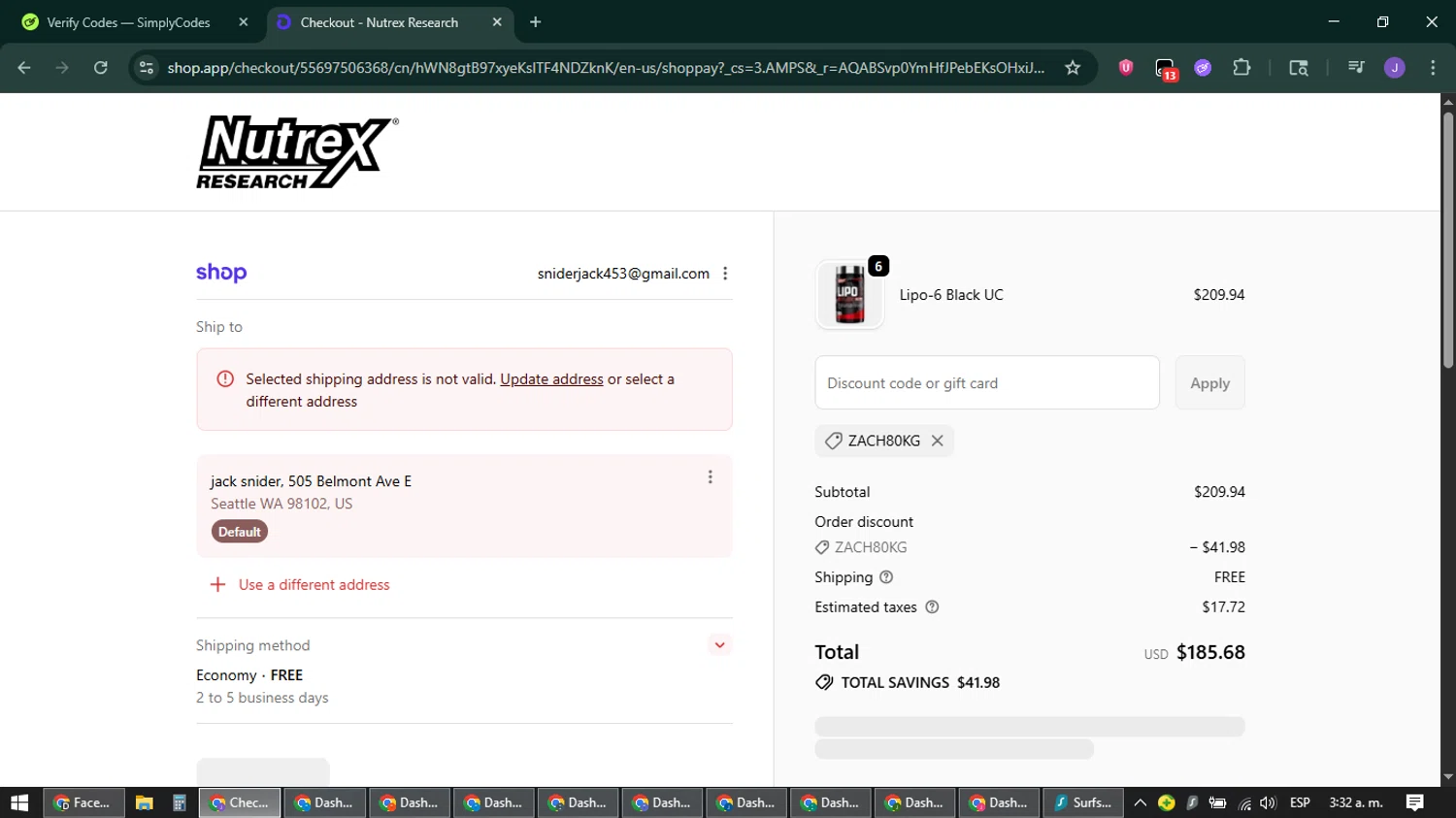 Nutrex Research checkout page showing Nutrex Research coupon code box | Screenshot taken by SimplyCodes community member on Feb 12, 2026
